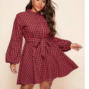 Plus Gingham Bishop Sleeve Self Tie Shirt Dress